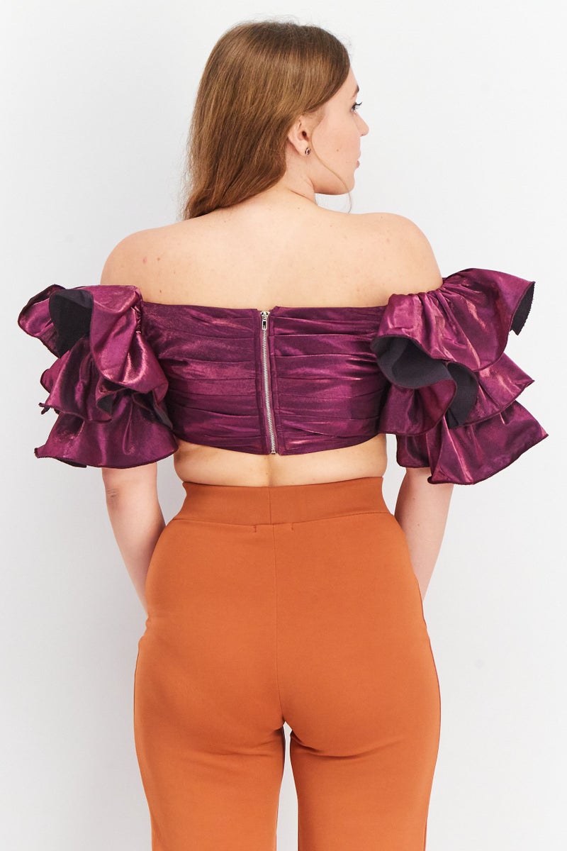 Yaura Women Off Shoulder Ruffle Sleeve Plain Cropped Top, Purple - Image 4